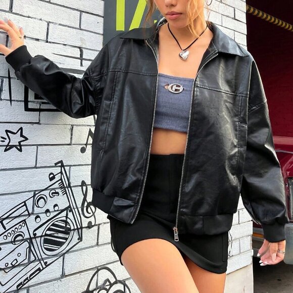 Black Casual Women's Drop Shoulder Zipper Patent Jacket - Picture 1 of 6